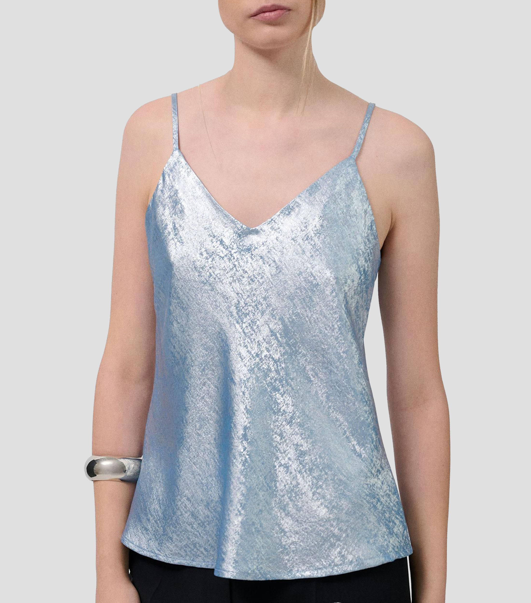 Top cuello V sin mangas metalizada Mujer